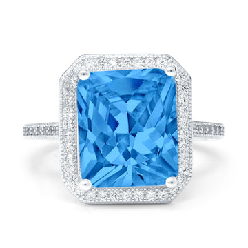 Halo Emerald Cut Engagement Ring Simulated Blue Topaz CZ 925 Sterling Silver